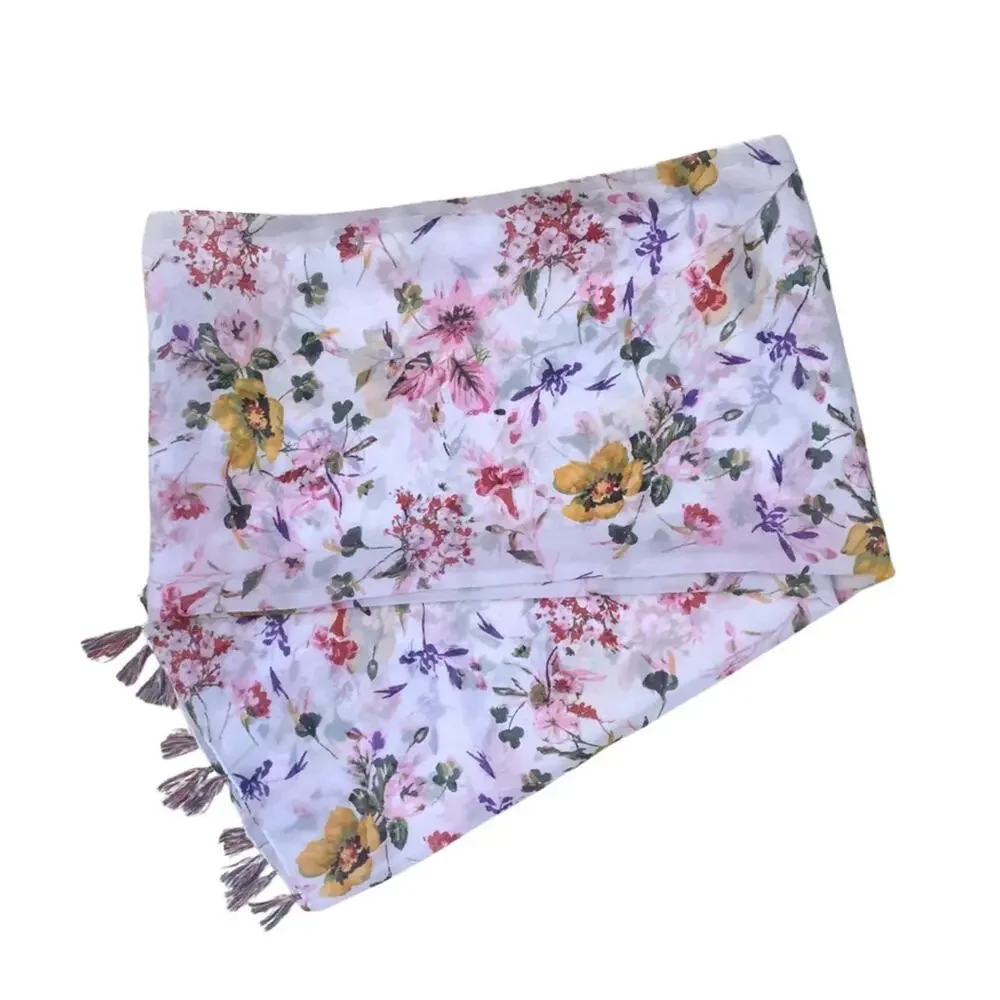 2/$30 Floral Print Tassel White Pink Scarf Wrap Shawl Cottagecore Prairie Boho